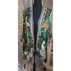 Vince Camuto Tropical Bird Kimono One Size Open Front Fringe Boho Resort Layer